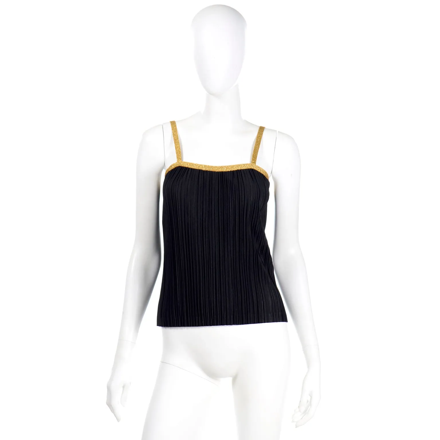 1970s Yves Saint Laurent Black Ribbed Camisole Top With Gold Trim