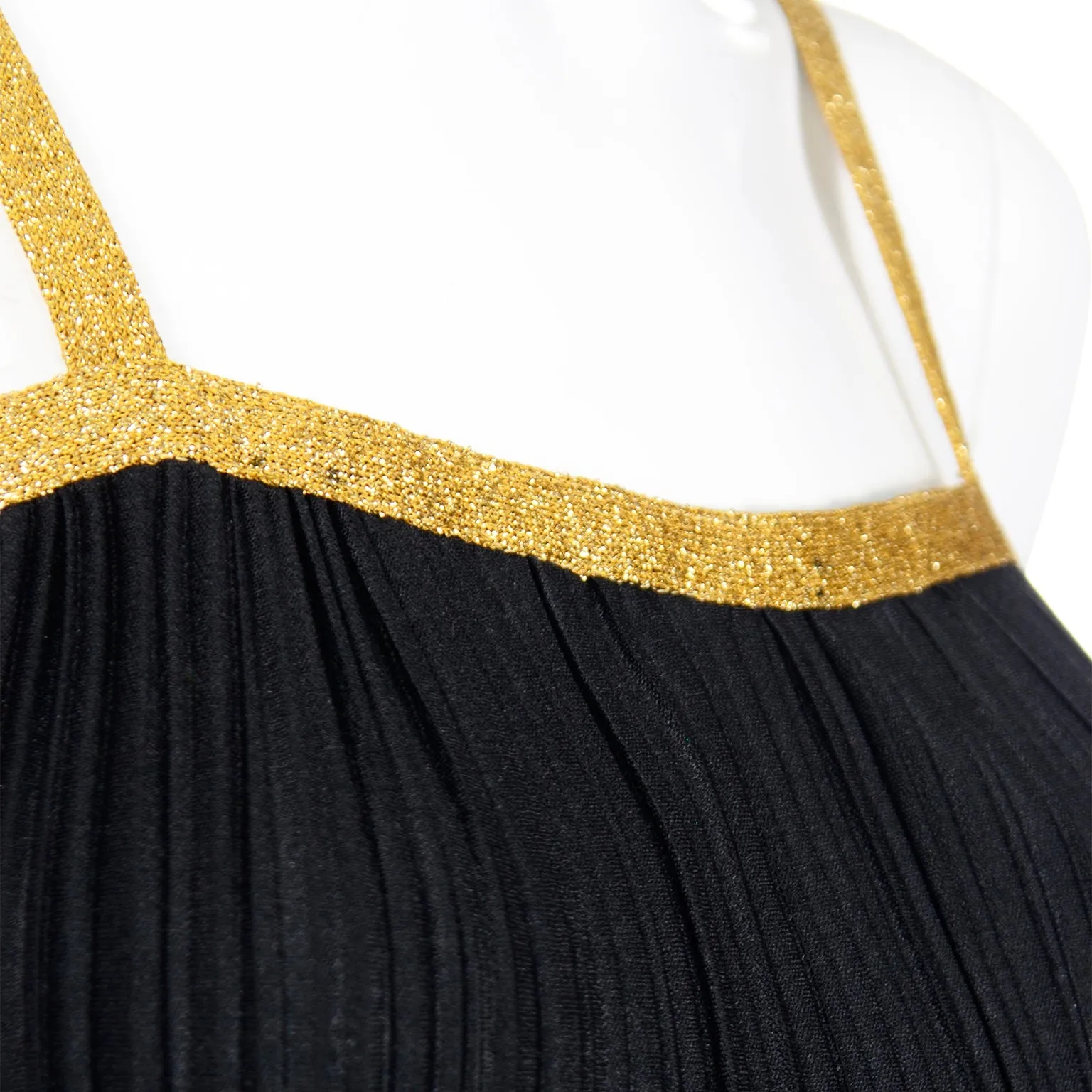 1970s Yves Saint Laurent Black Ribbed Camisole Top With Gold Trim