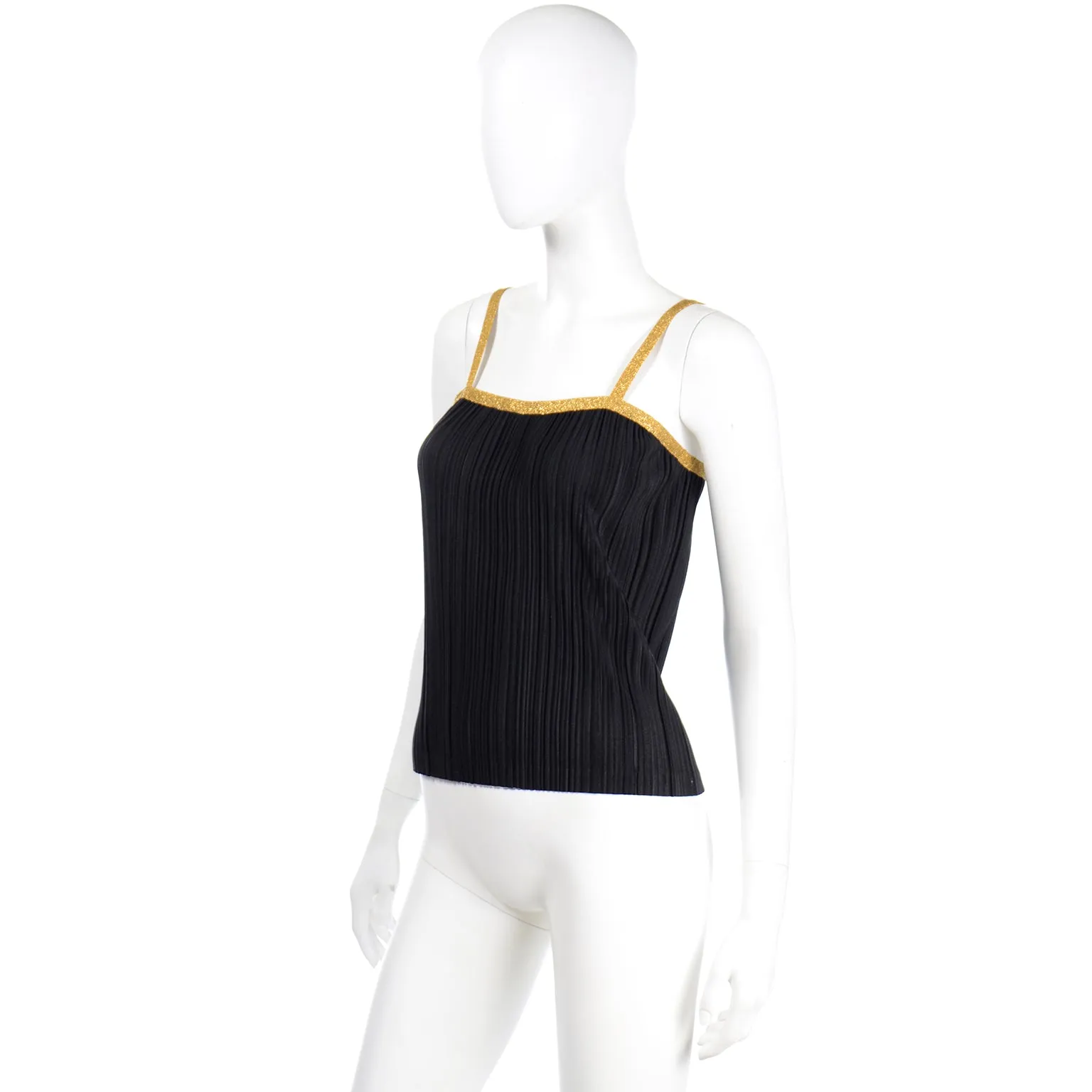 1970s Yves Saint Laurent Black Ribbed Camisole Top With Gold Trim