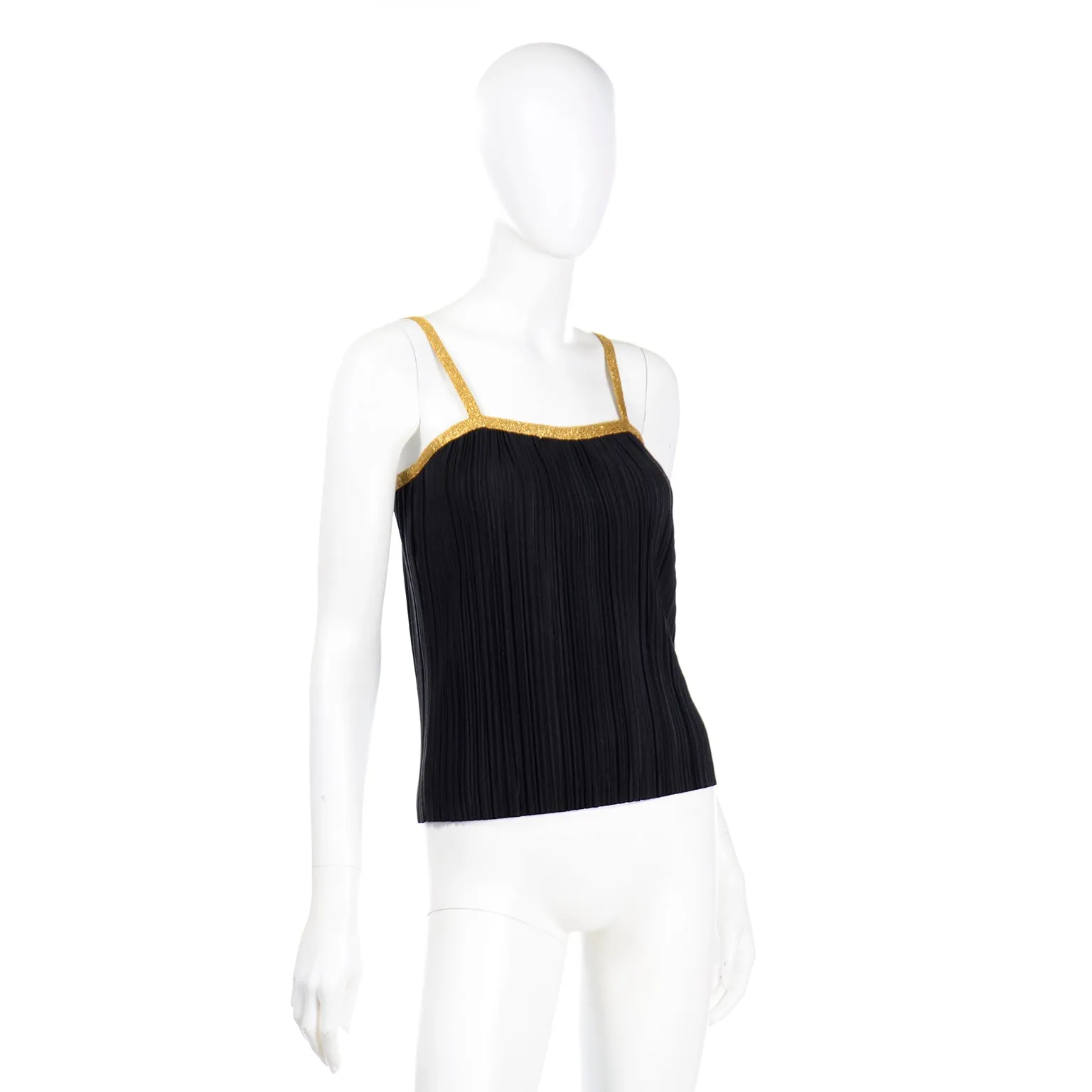 1970s Yves Saint Laurent Black Ribbed Camisole Top With Gold Trim