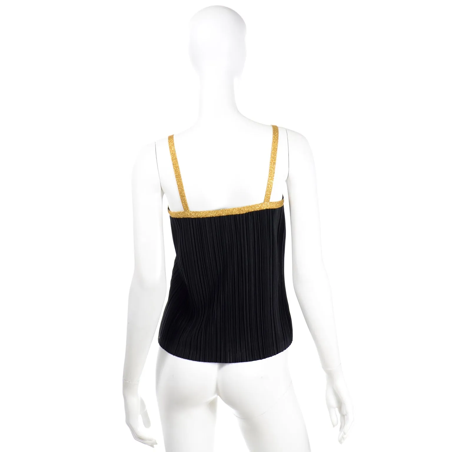 1970s Yves Saint Laurent Black Ribbed Camisole Top With Gold Trim