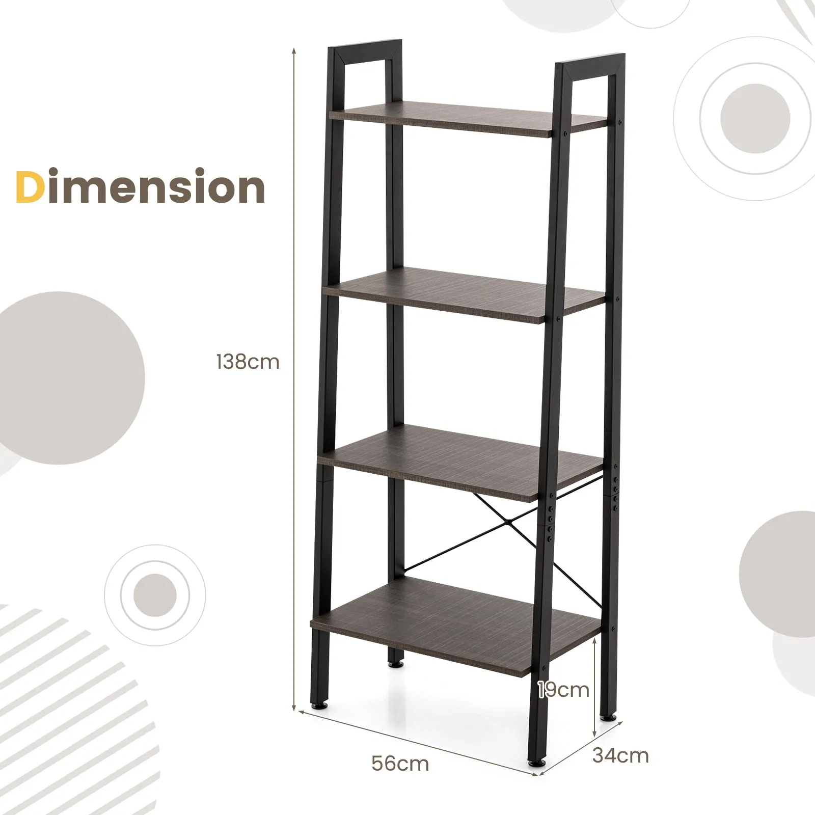 4-Tier Bookshelf with Metal Frame-Brown