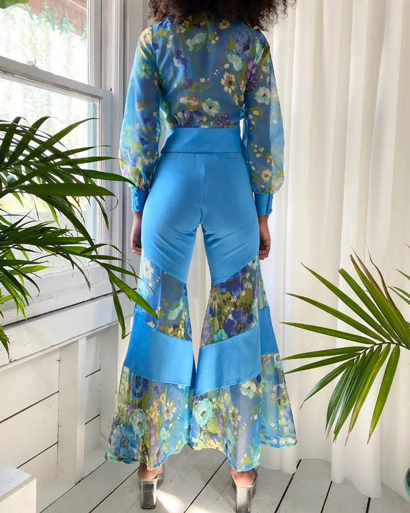 70s Sheer Floral Bellbottom Pant Suit | XS