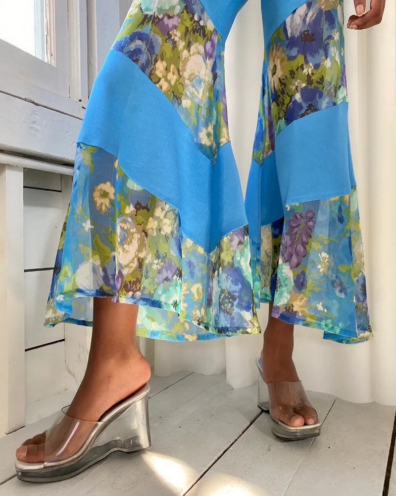 70s Sheer Floral Bellbottom Pant Suit | XS