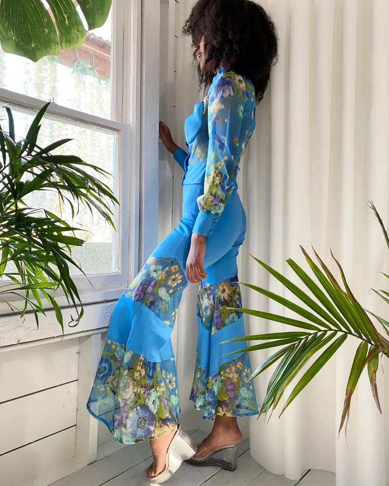 70s Sheer Floral Bellbottom Pant Suit | XS