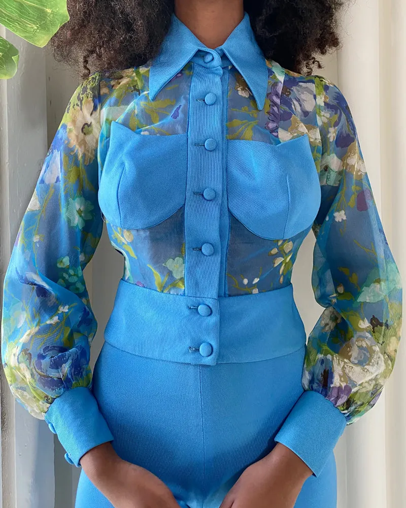 70s Sheer Floral Bellbottom Pant Suit | XS