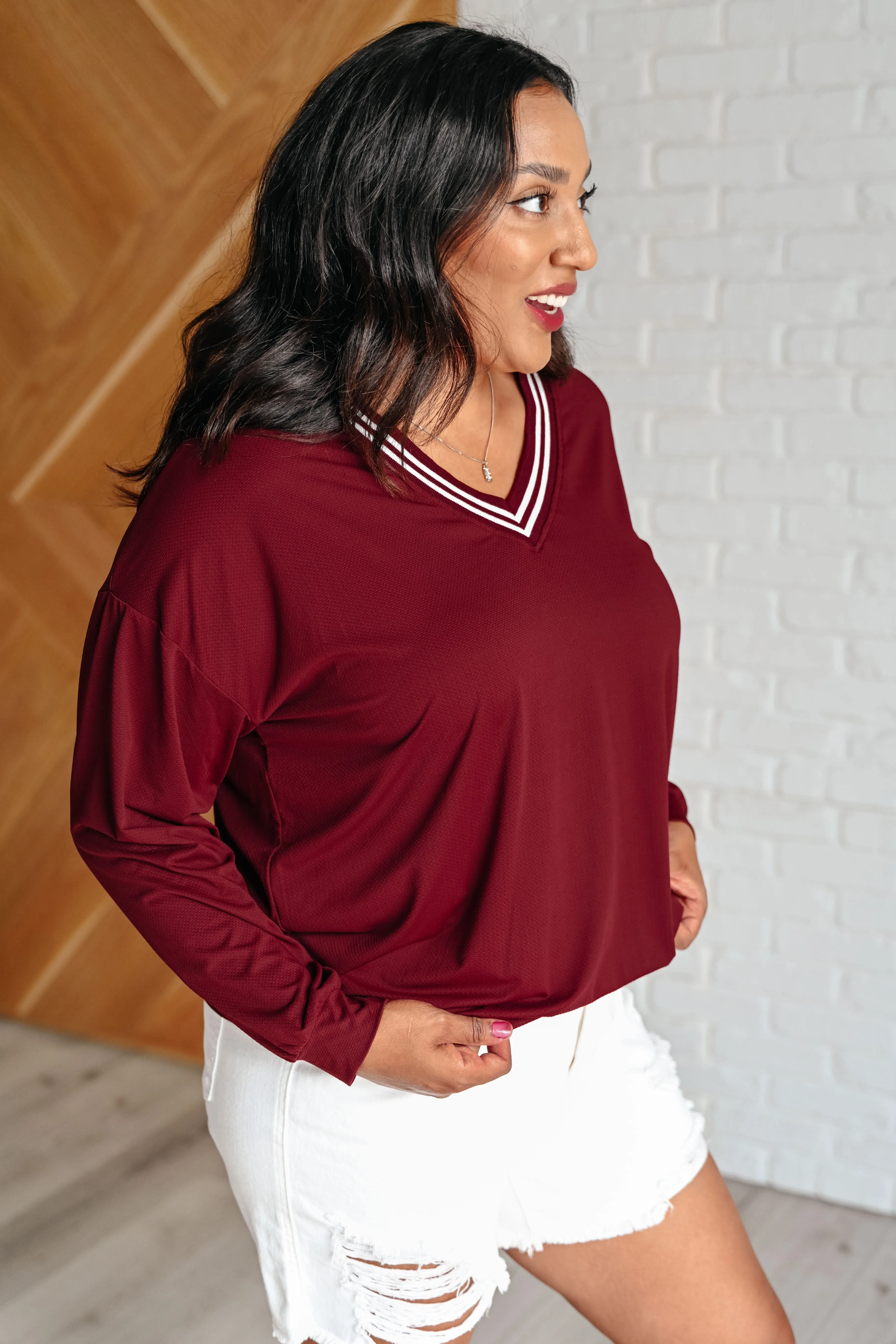 All Out Comfort V-Neck Pullover in Red Merlot - 10/14