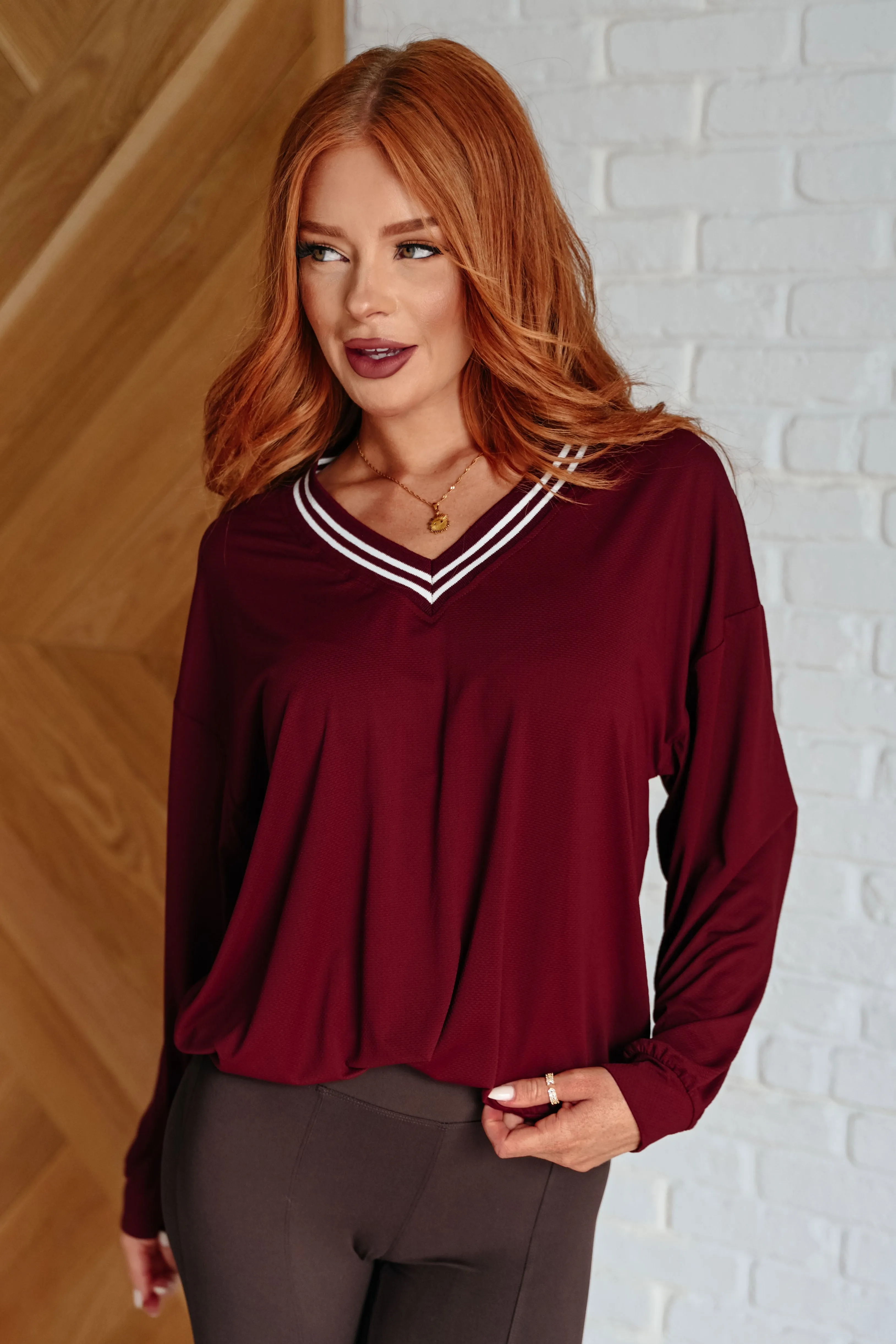 All Out Comfort V-Neck Pullover in Red Merlot - 10/14