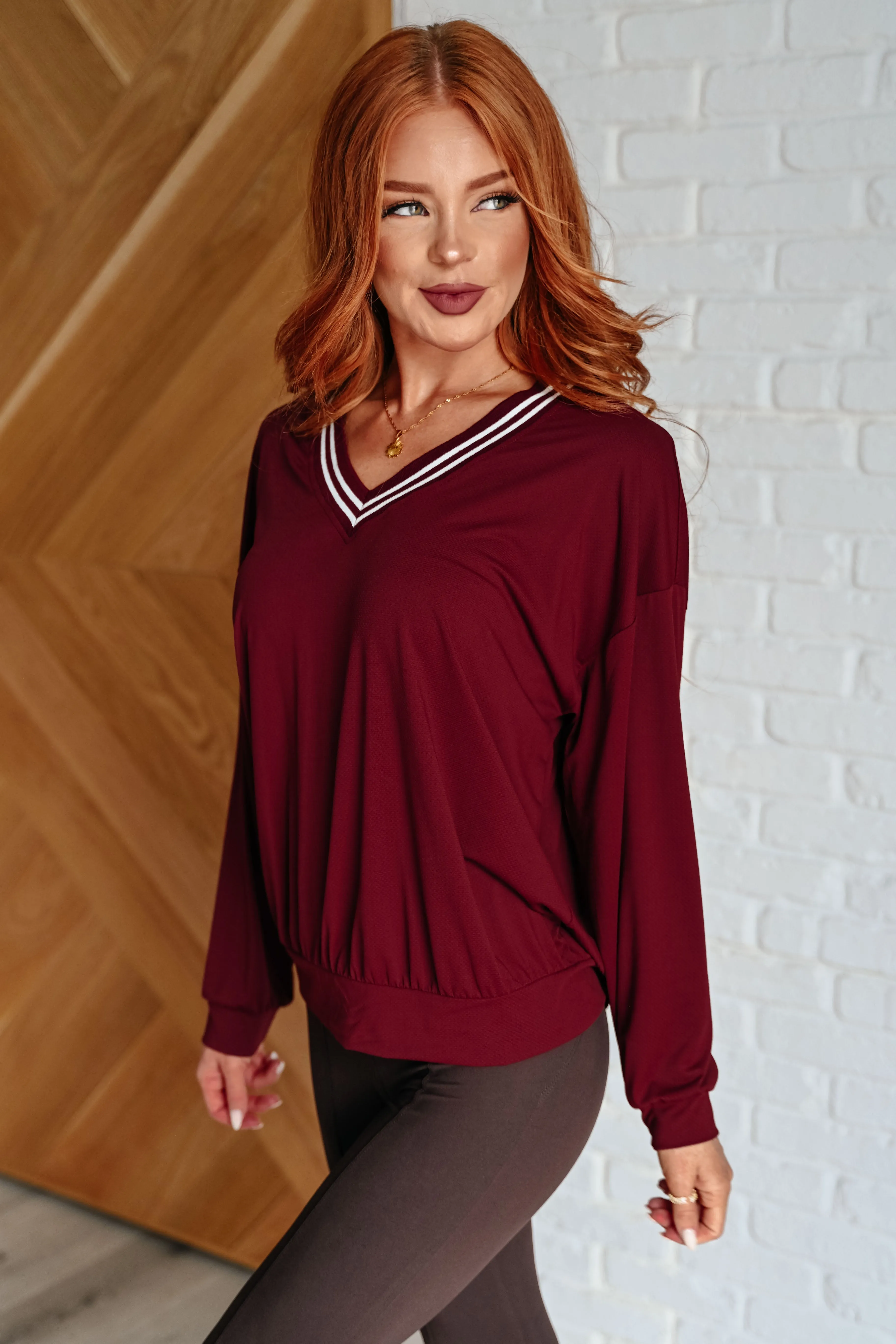 All Out Comfort V-Neck Pullover in Red Merlot - 10/14