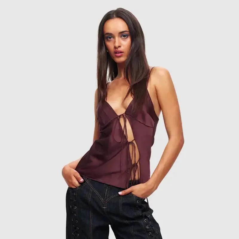 Amozae-Lace Up Hollow Camisole Women's Off-shoulder Spaghetti Strap Tank Sleeveless Slim Fit Fashion Y2K Hot Girl Sexy Crop Tops