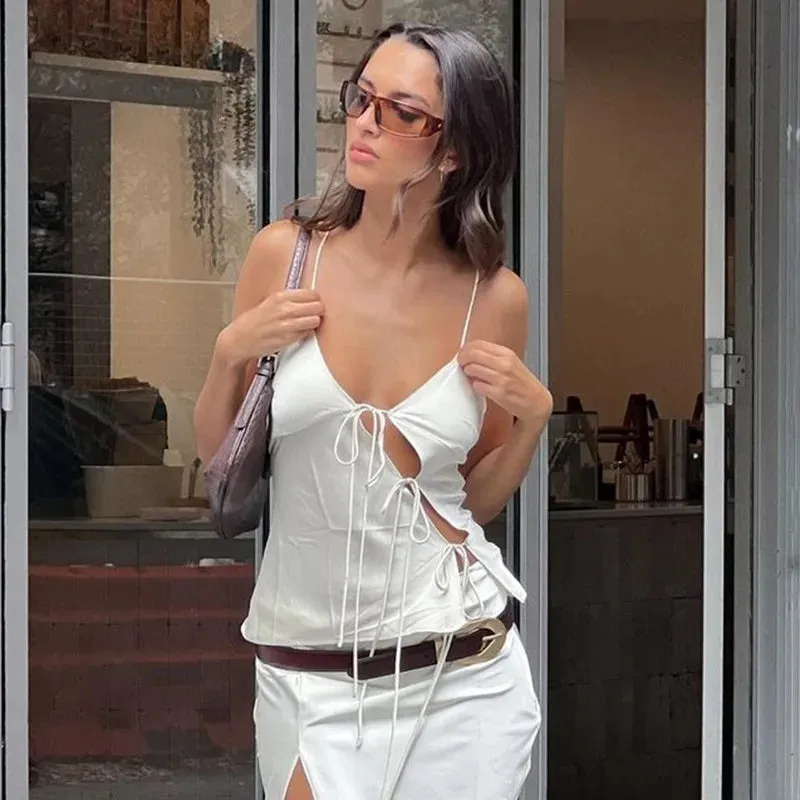 Amozae-Lace Up Hollow Camisole Women's Off-shoulder Spaghetti Strap Tank Sleeveless Slim Fit Fashion Y2K Hot Girl Sexy Crop Tops