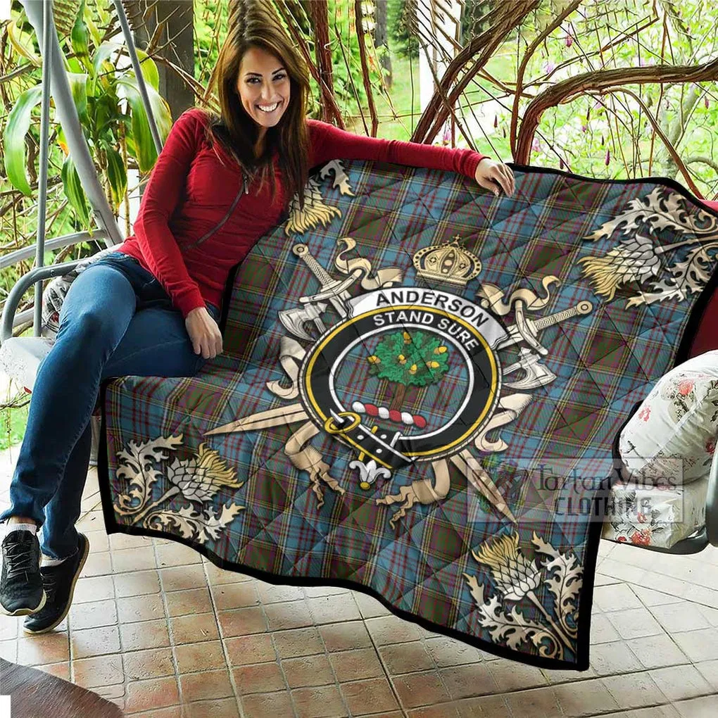 Anderson Tartan Quilt with Family Crest and Scottish Golden Courage Shield