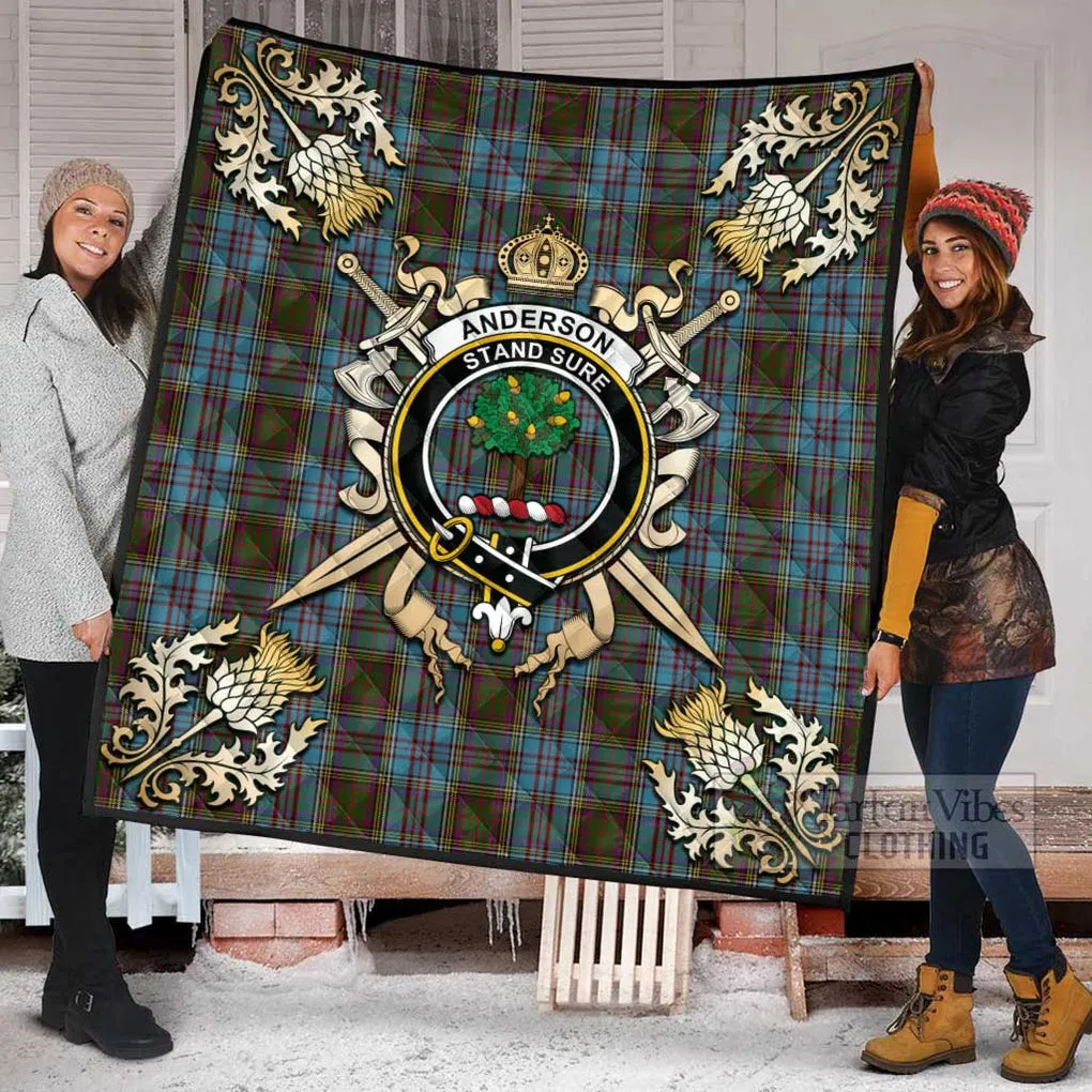 Anderson Tartan Quilt with Family Crest and Scottish Golden Courage Shield