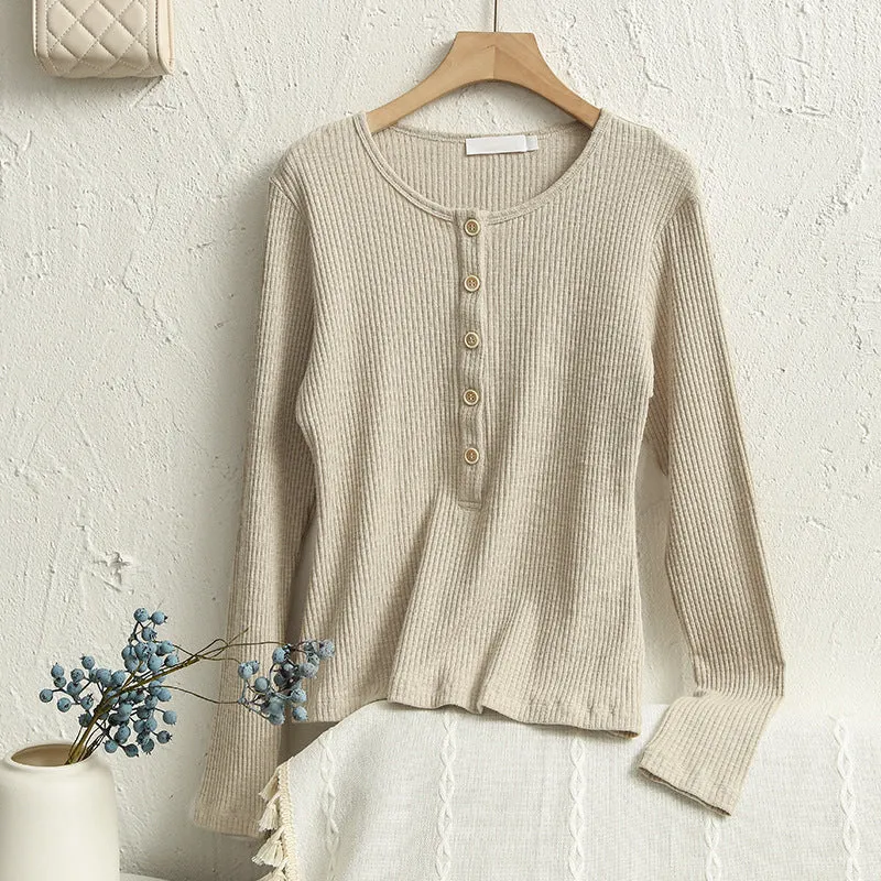 Autumn Thread T shirt Bottoming Shirt Vertical Sunken Stripe Draping Slimming Simple Gentle Knitted Top Women
