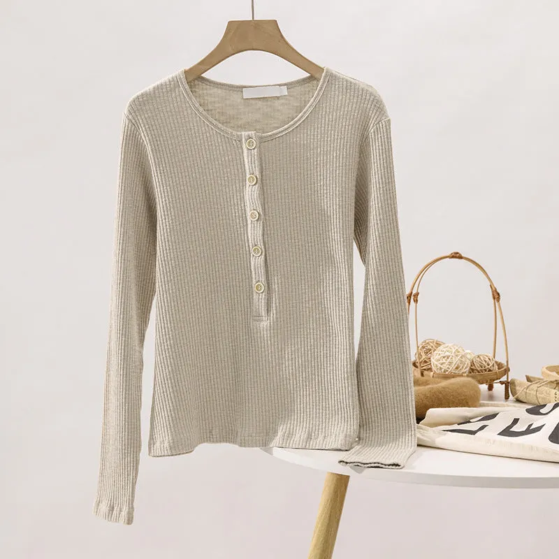 Autumn Thread T shirt Bottoming Shirt Vertical Sunken Stripe Draping Slimming Simple Gentle Knitted Top Women