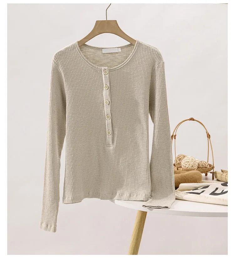 Autumn Thread T shirt Bottoming Shirt Vertical Sunken Stripe Draping Slimming Simple Gentle Knitted Top Women