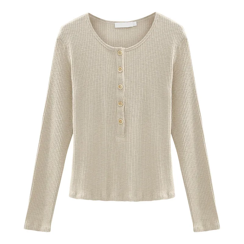 Autumn Thread T shirt Bottoming Shirt Vertical Sunken Stripe Draping Slimming Simple Gentle Knitted Top Women