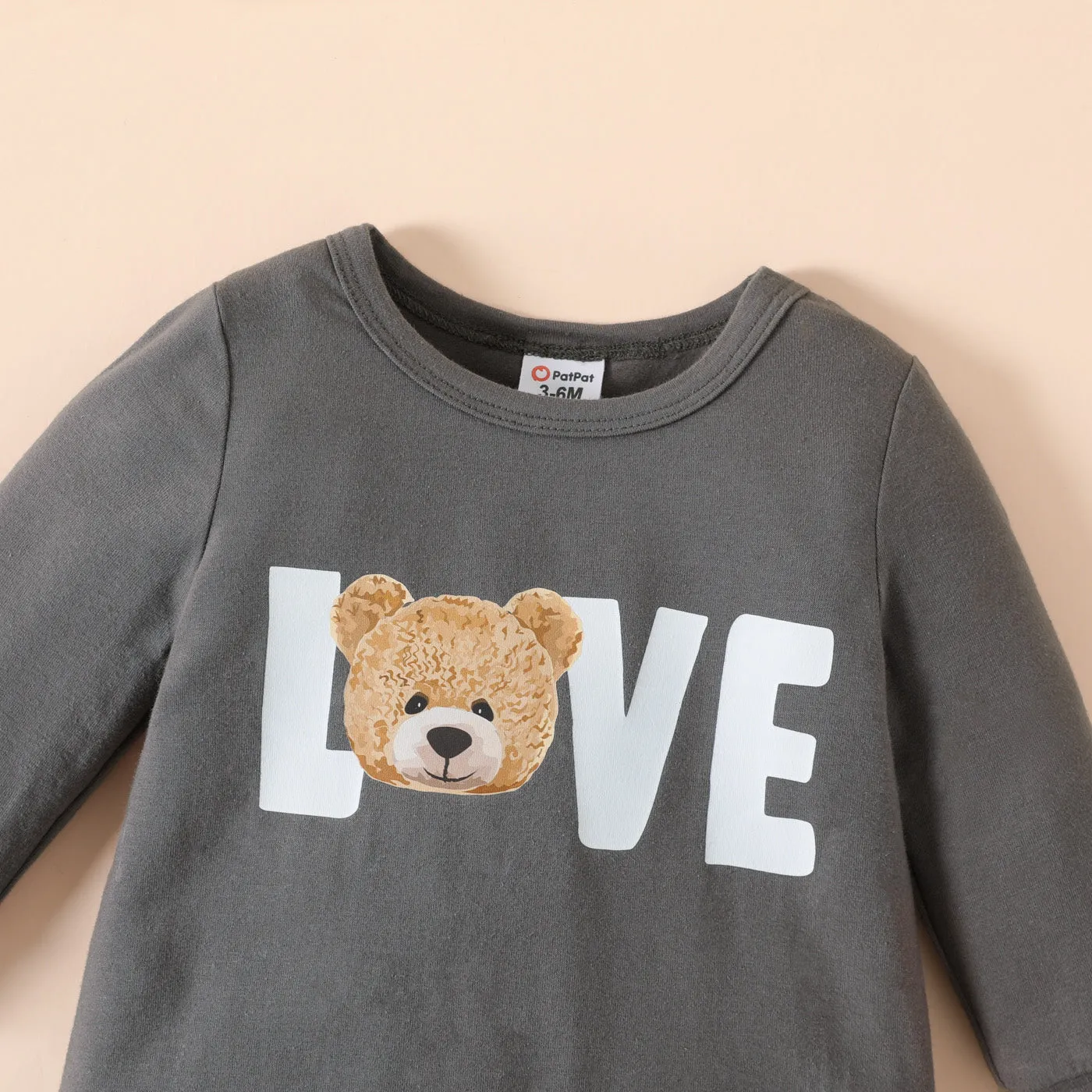 Baby Boy 95% Cotton Long-sleeve Bear & Letter Print Grey Long-sleeve Jumpsuit