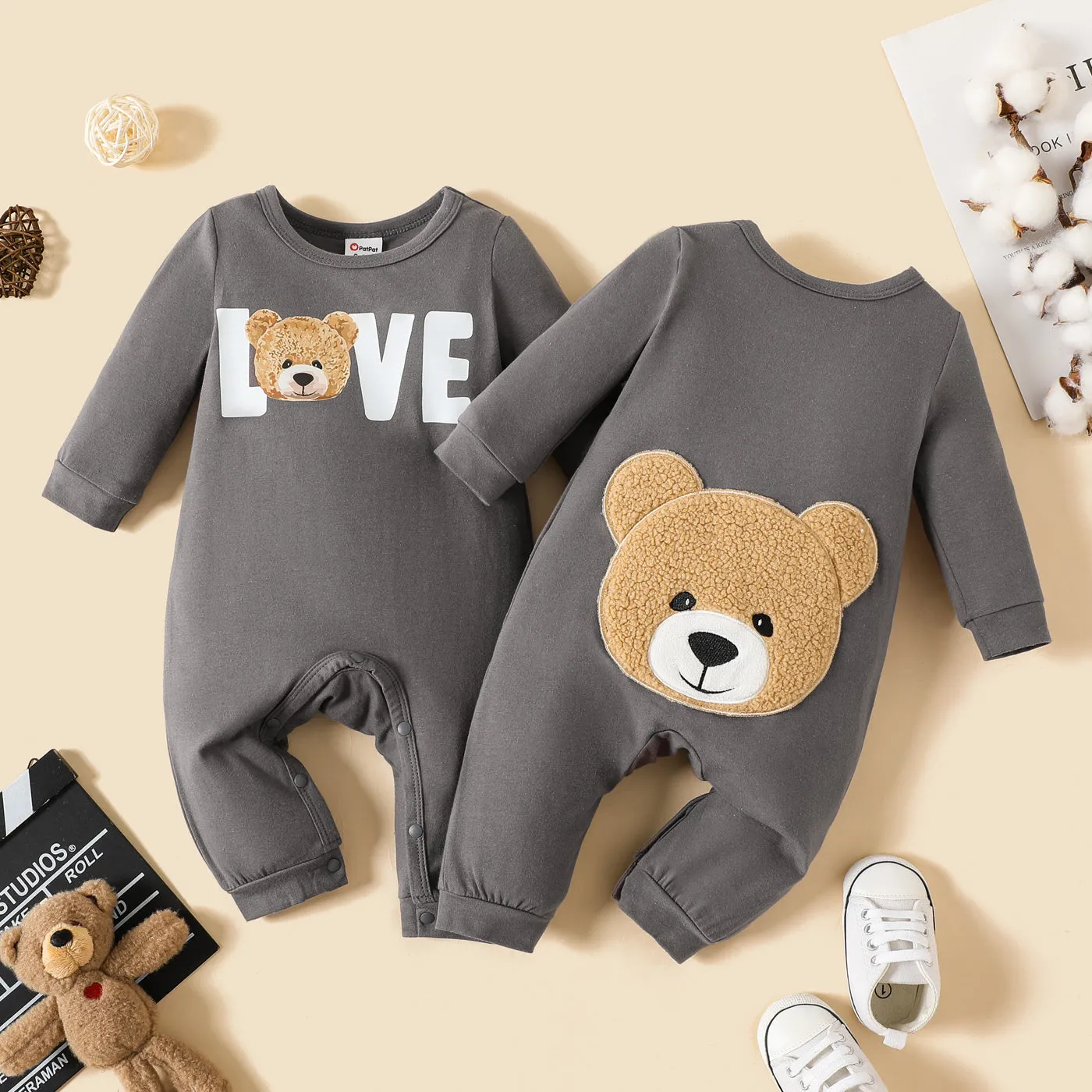 Baby Boy 95% Cotton Long-sleeve Bear & Letter Print Grey Long-sleeve Jumpsuit