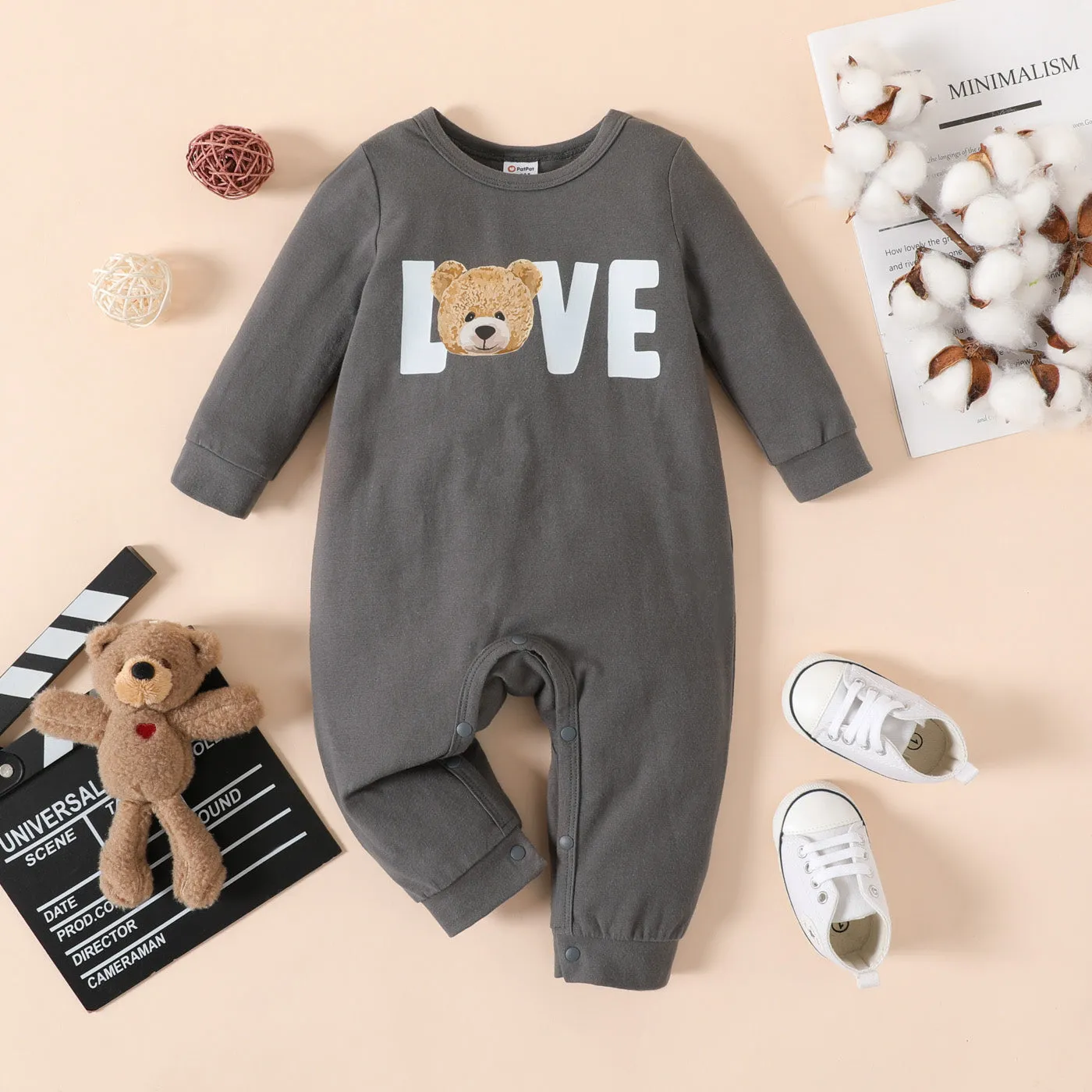 Baby Boy 95% Cotton Long-sleeve Bear & Letter Print Grey Long-sleeve Jumpsuit