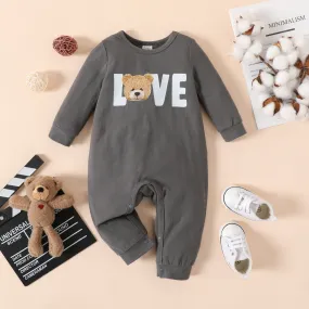Baby Boy 95% Cotton Long-sleeve Bear & Letter Print Grey Long-sleeve Jumpsuit