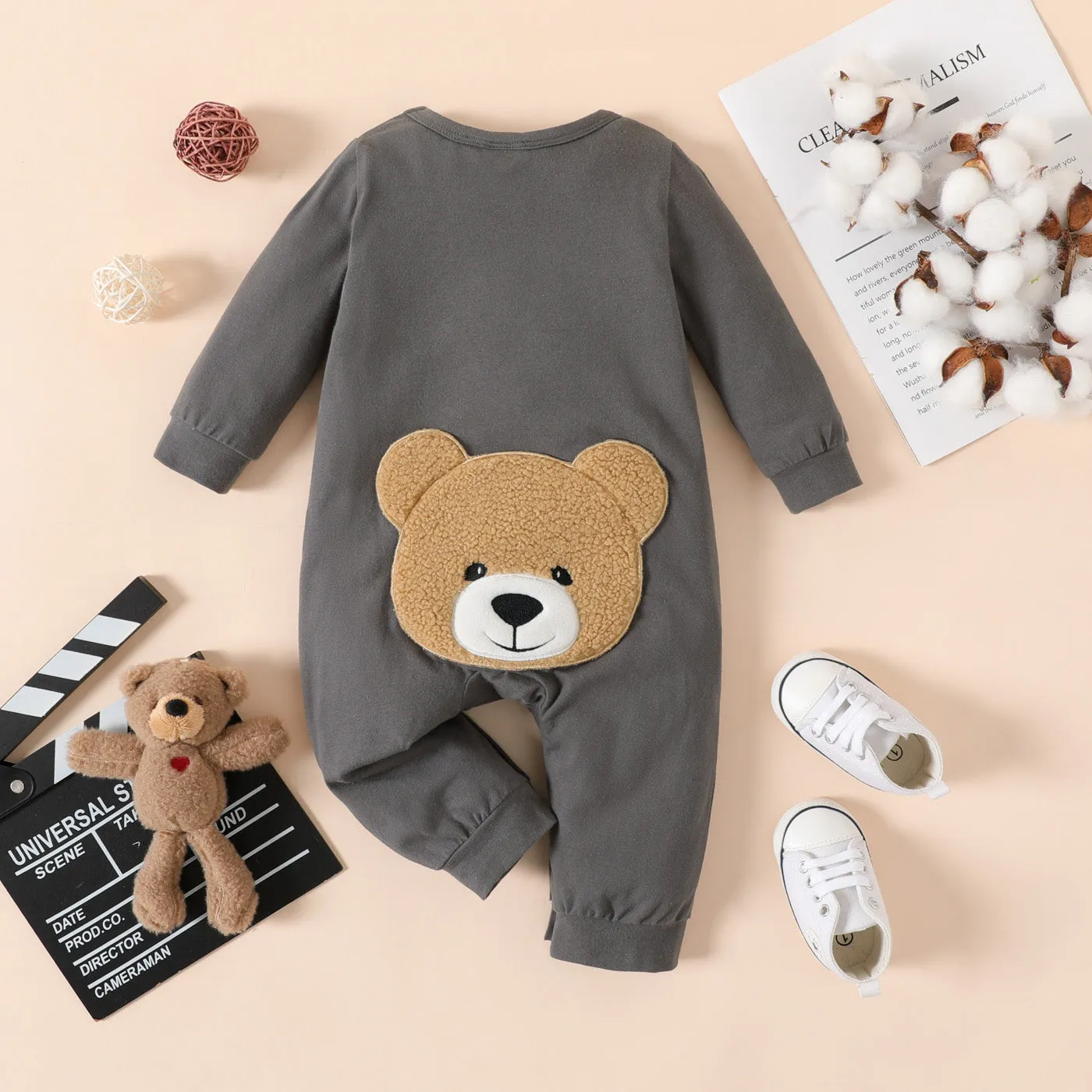 Baby Boy 95% Cotton Long-sleeve Bear & Letter Print Grey Long-sleeve Jumpsuit