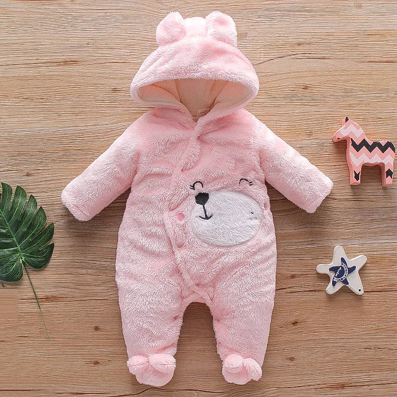 Bear Design Fleece Hooded Footed/footie Long-sleeve Baby Jumpsuit