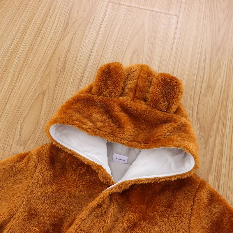 Bear Design Fleece Hooded Footed/footie Long-sleeve Baby Jumpsuit