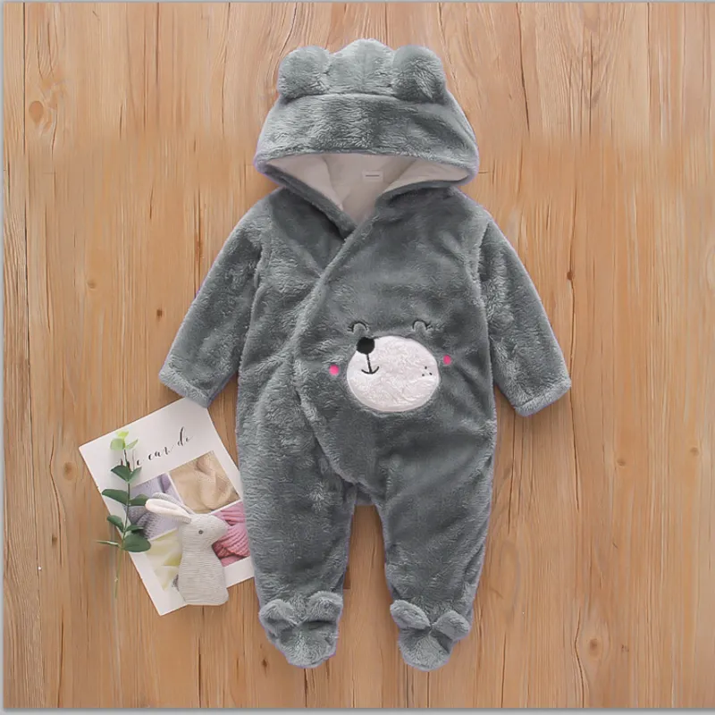 Bear Design Fleece Hooded Footed/footie Long-sleeve Baby Jumpsuit