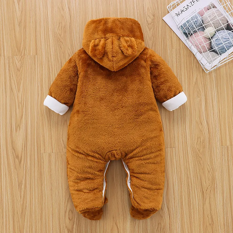 Bear Design Fleece Hooded Footed/footie Long-sleeve Baby Jumpsuit