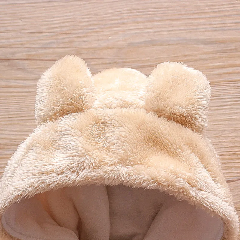 Bear Design Fleece Hooded Footed/footie Long-sleeve Baby Jumpsuit