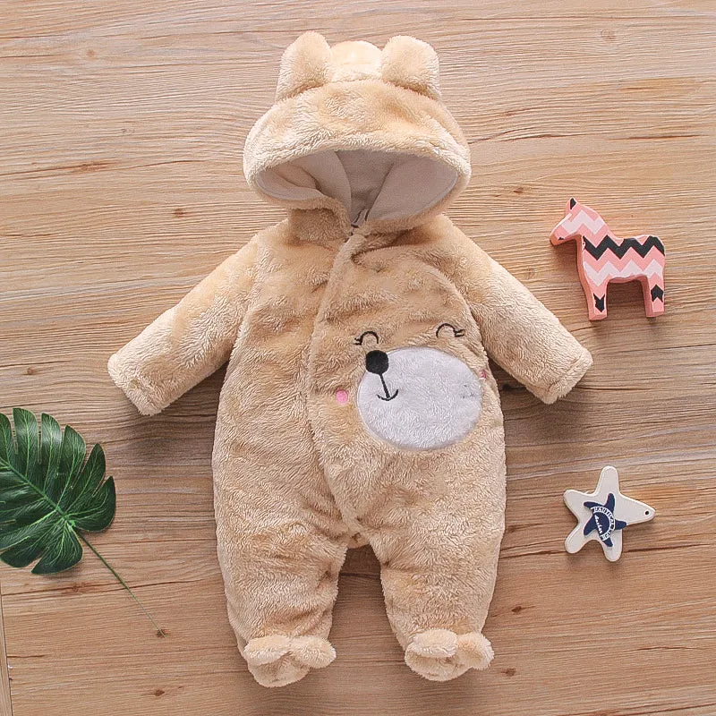 Bear Design Fleece Hooded Footed/footie Long-sleeve Baby Jumpsuit