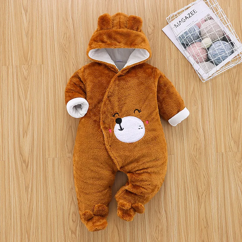 Bear Design Fleece Hooded Footed/footie Long-sleeve Baby Jumpsuit