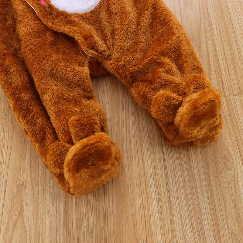 Bear Design Fleece Hooded Footed/footie Long-sleeve Baby Jumpsuit