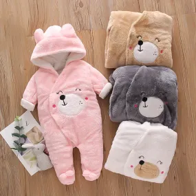 Bear Design Fleece Hooded Footed/footie Long-sleeve Baby Jumpsuit
