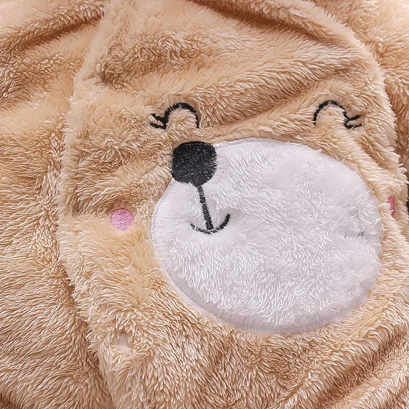 Bear Design Fleece Hooded Footed/footie Long-sleeve Baby Jumpsuit