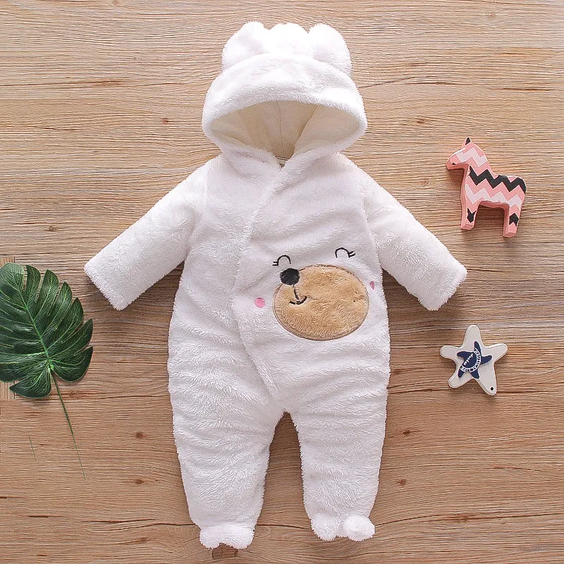 Bear Design Fleece Hooded Footed/footie Long-sleeve Baby Jumpsuit