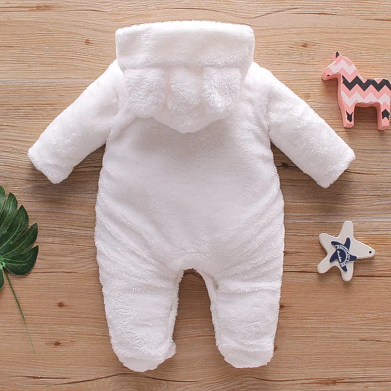 Bear Design Fleece Hooded Footed/footie Long-sleeve Baby Jumpsuit