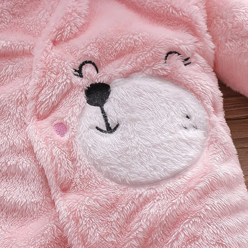 Bear Design Fleece Hooded Footed/footie Long-sleeve Baby Jumpsuit