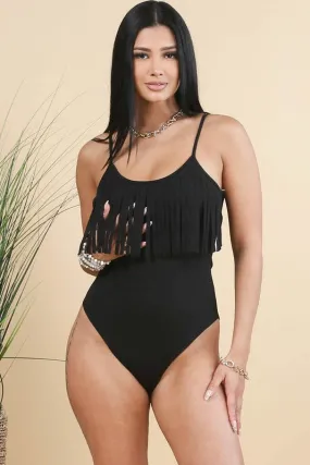 Black Western Solid Fringed Camisole Bodysuit