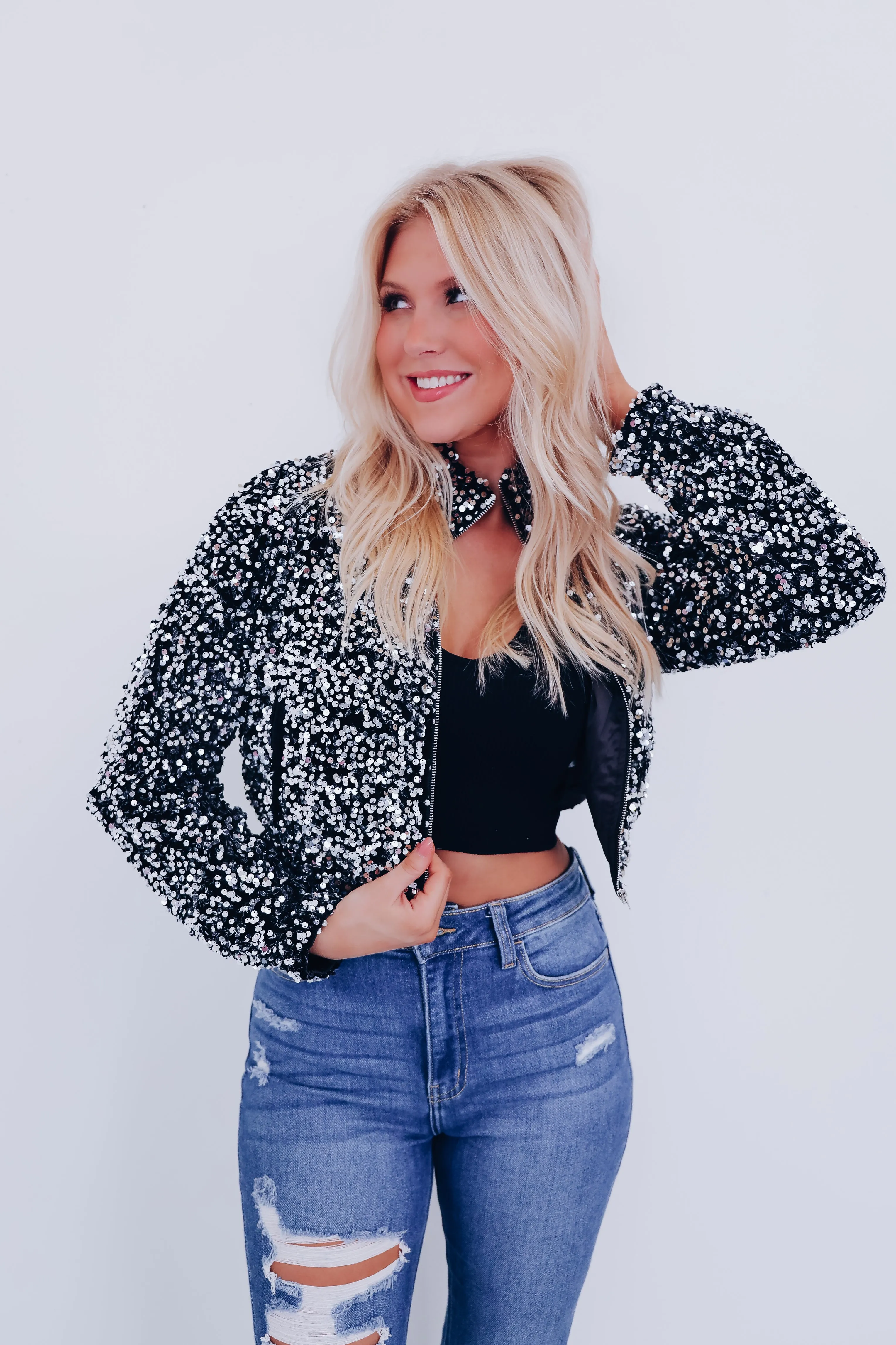 Blaine Sequin Cropped Jacket - Black