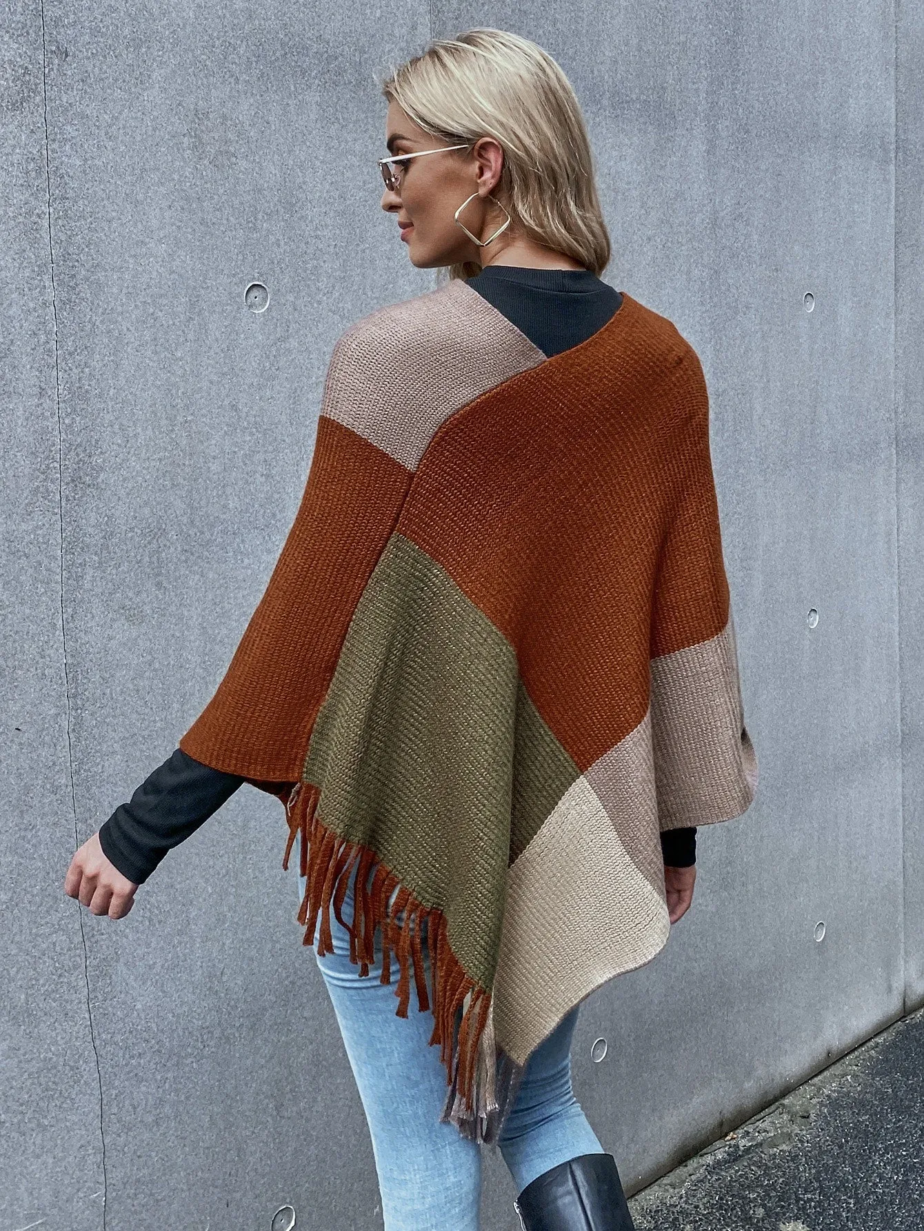 Casual Colorblock Fringe Three Quarter Length Sleeve V Neck Asymmetrical Regular Women Sweater