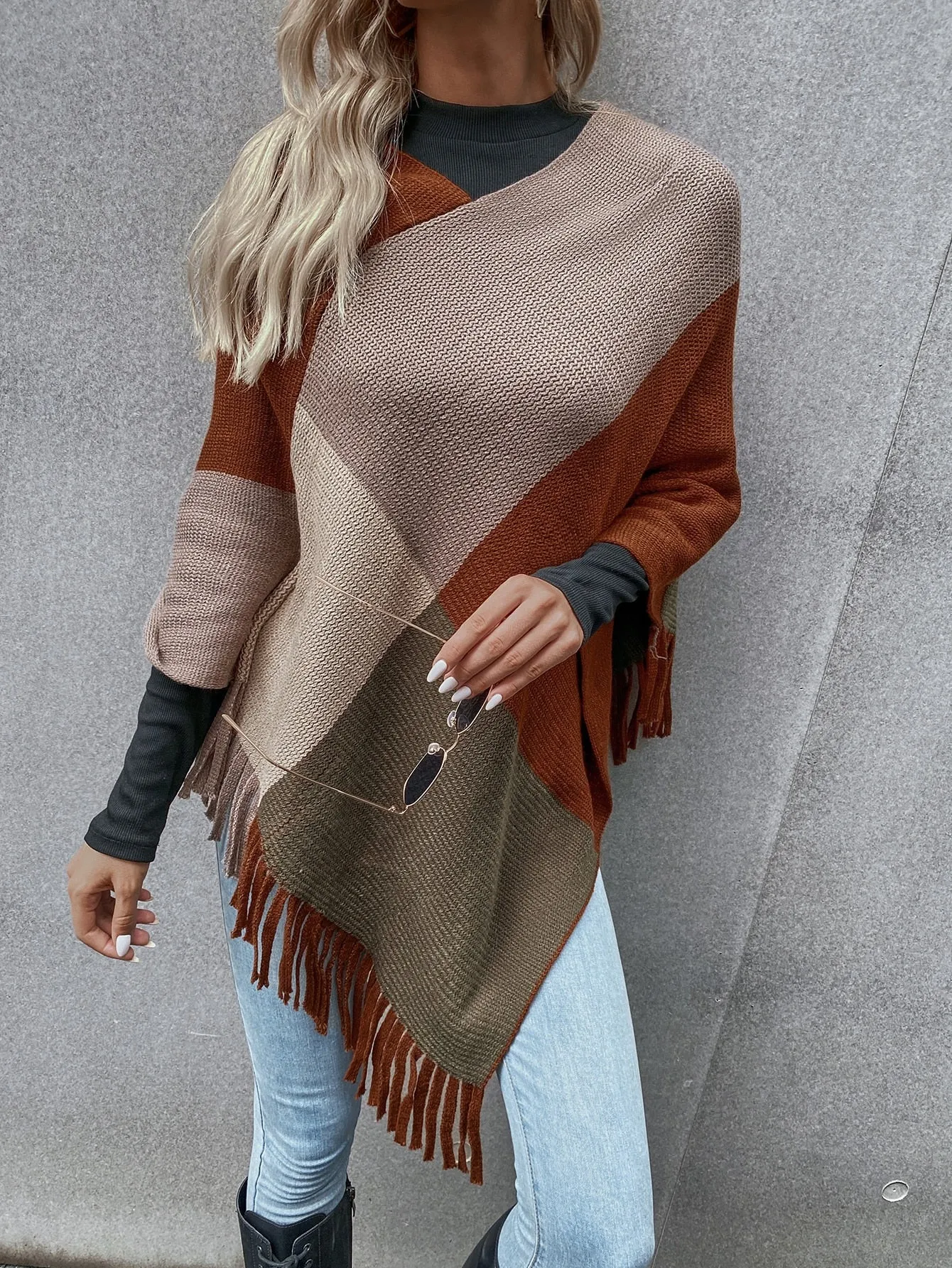 Casual Colorblock Fringe Three Quarter Length Sleeve V Neck Asymmetrical Regular Women Sweater