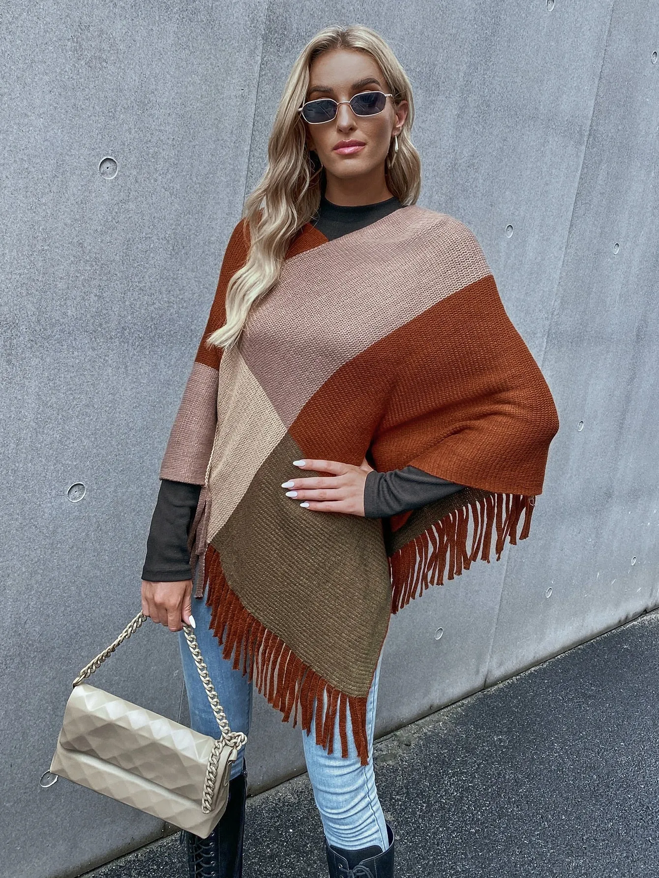 Casual Colorblock Fringe Three Quarter Length Sleeve V Neck Asymmetrical Regular Women Sweater