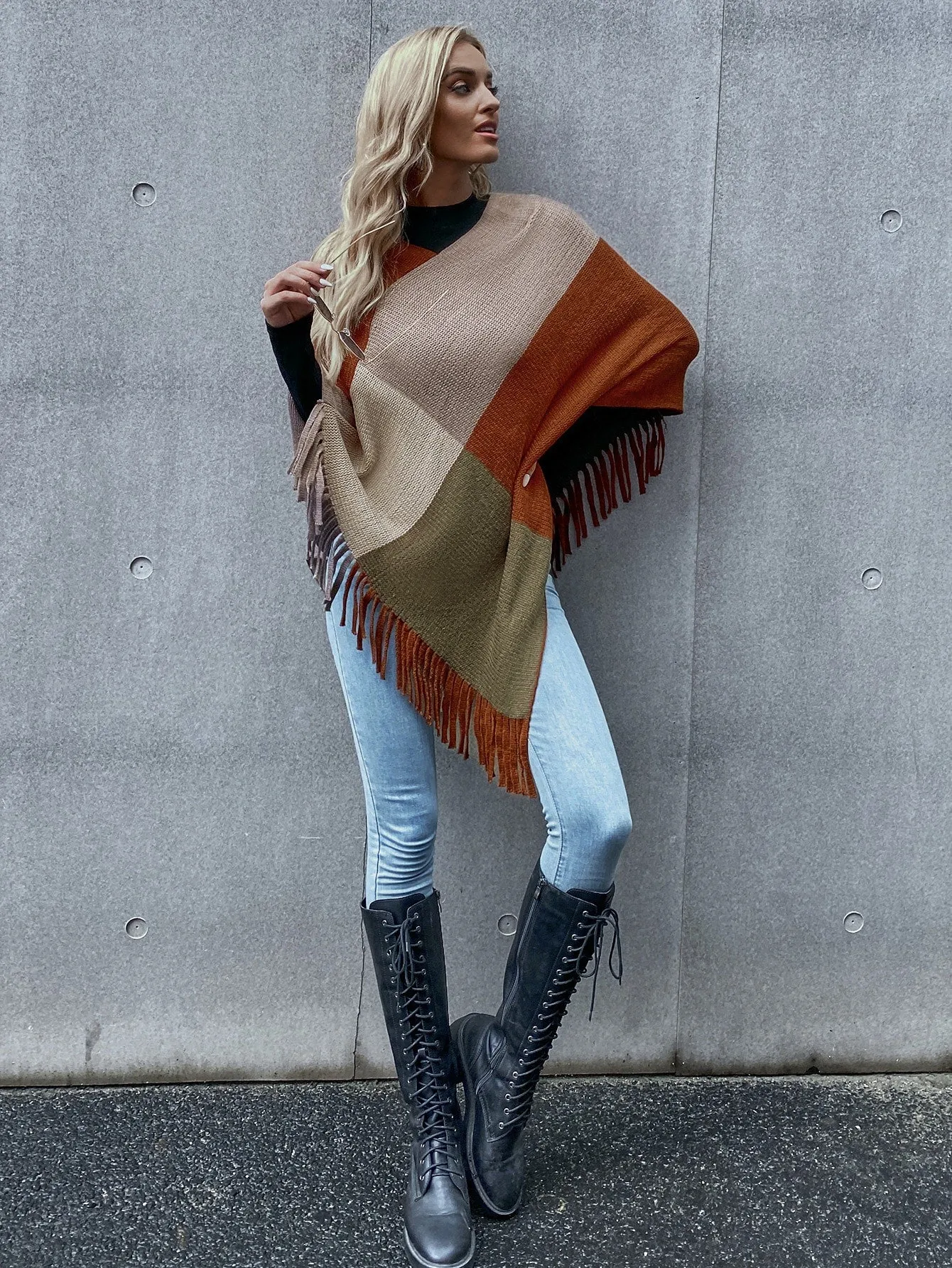 Casual Colorblock Fringe Three Quarter Length Sleeve V Neck Asymmetrical Regular Women Sweater