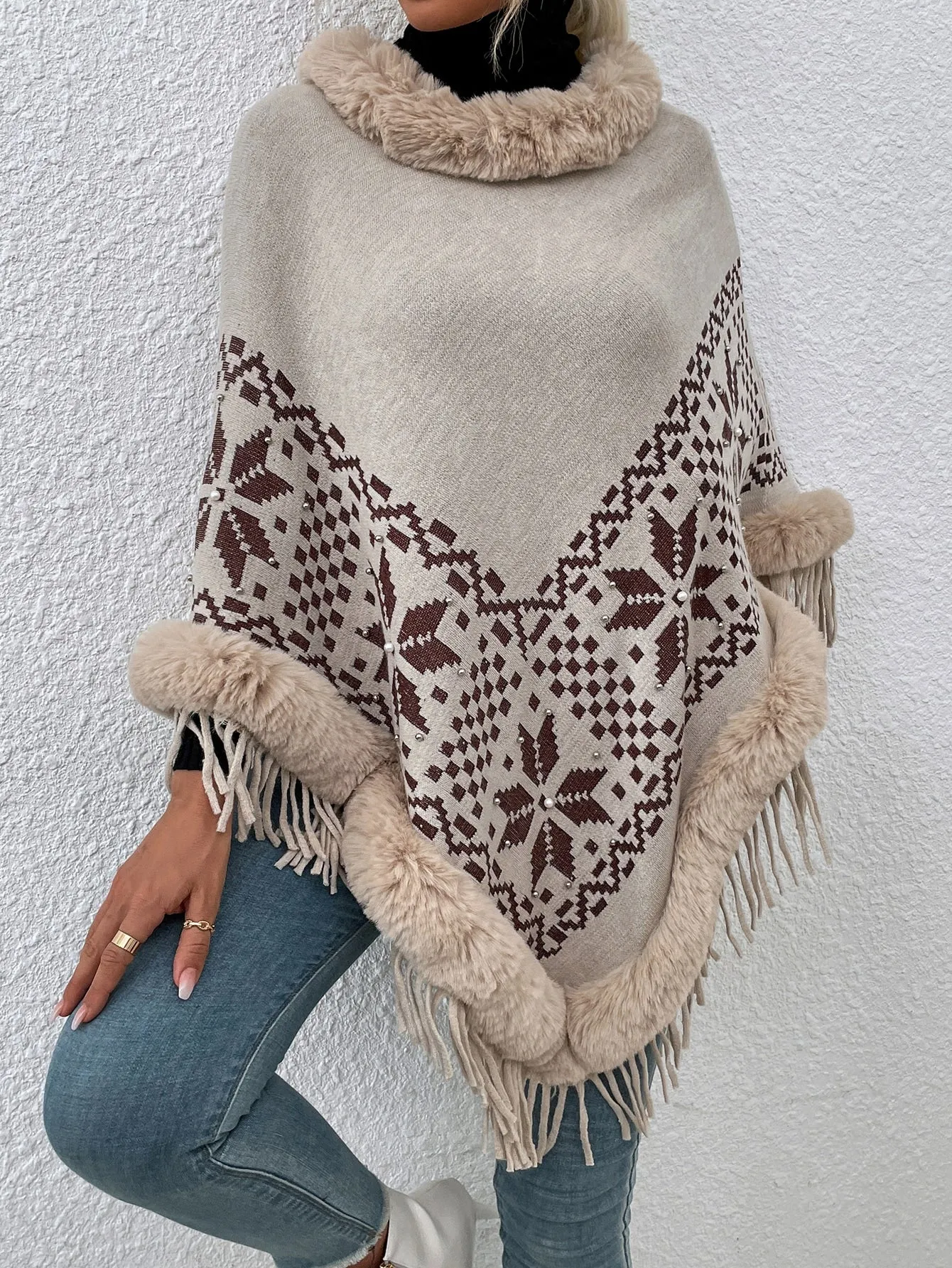 Casual Geometric Contrast Faux Fur Long Sleeve Hooded Long Women Sweater