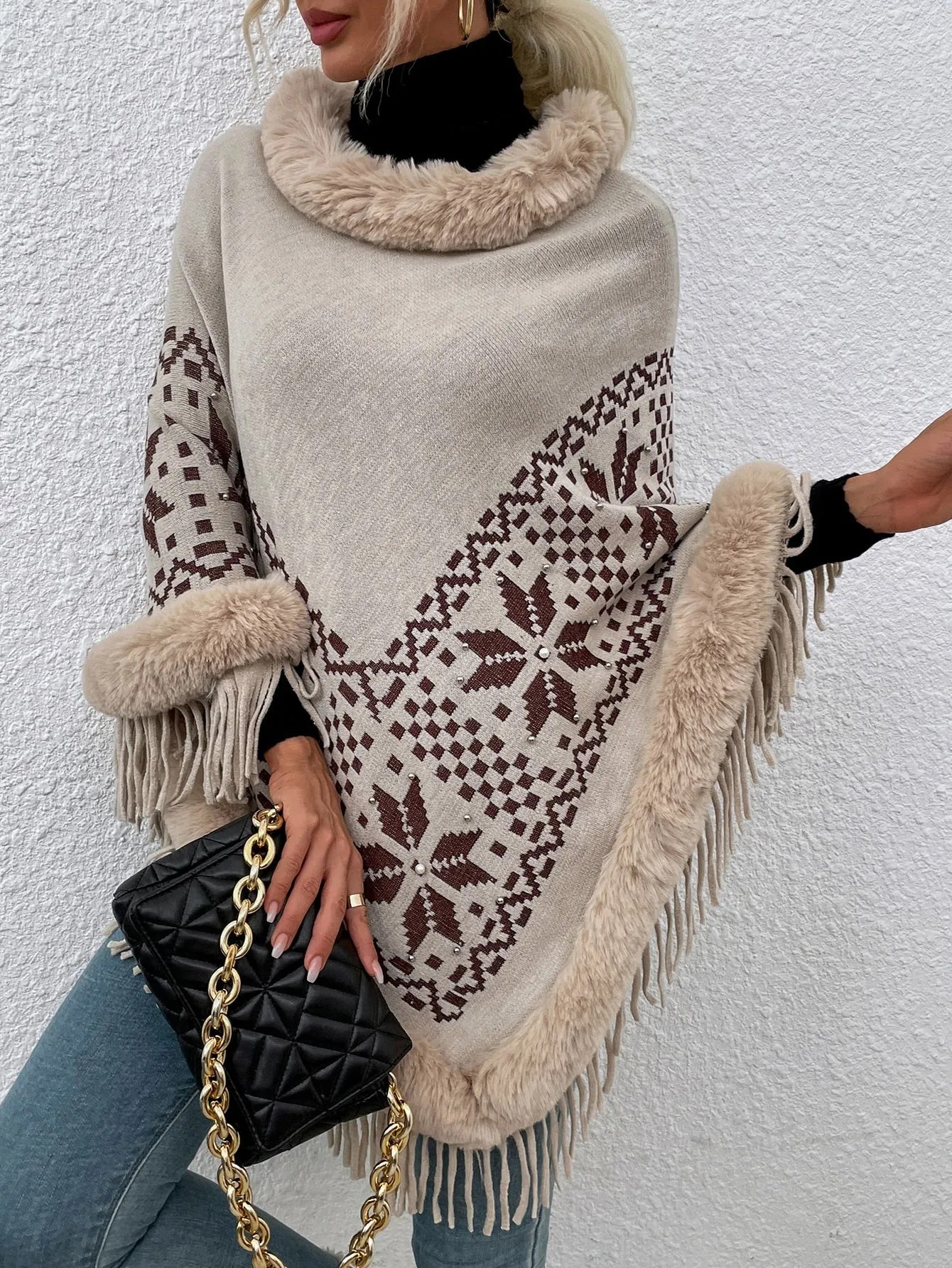 Casual Geometric Contrast Faux Fur Long Sleeve Hooded Long Women Sweater