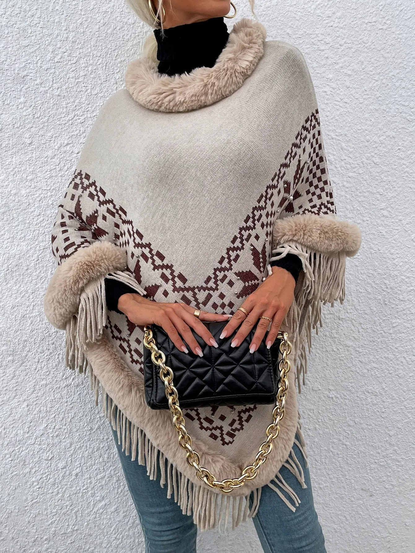 Casual Geometric Contrast Faux Fur Long Sleeve Hooded Long Women Sweater