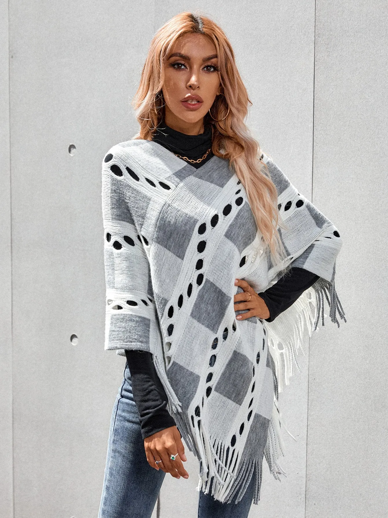 Casual Gingham Fringe Three Quarter Length Sleeve V Neck Asymmetrical Long Women Sweater