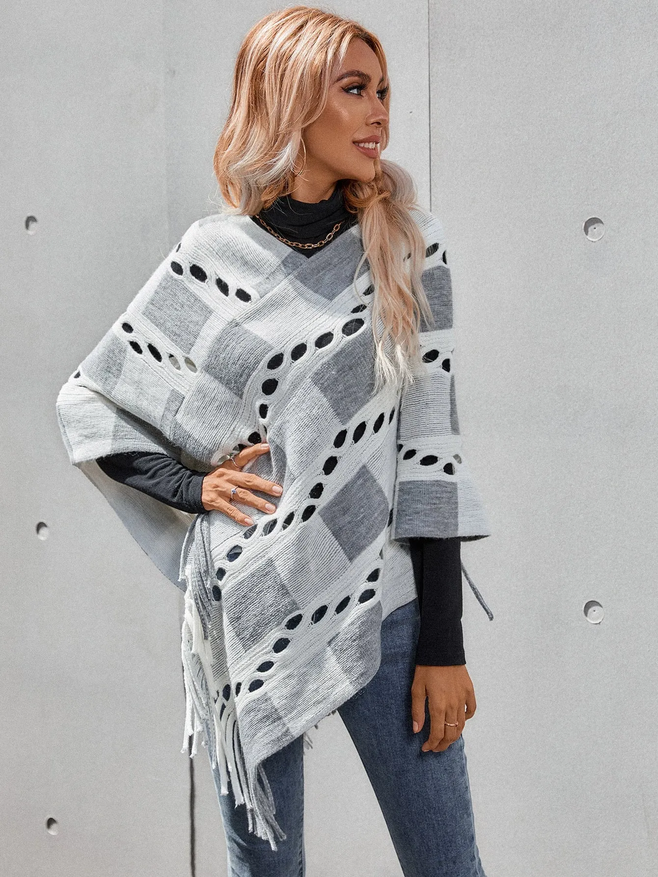 Casual Gingham Fringe Three Quarter Length Sleeve V Neck Asymmetrical Long Women Sweater